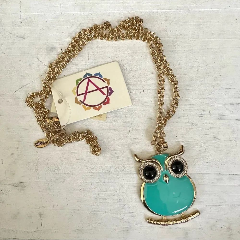 Amrita Singh blue enamel pendant gold tone long chain necklace NWT